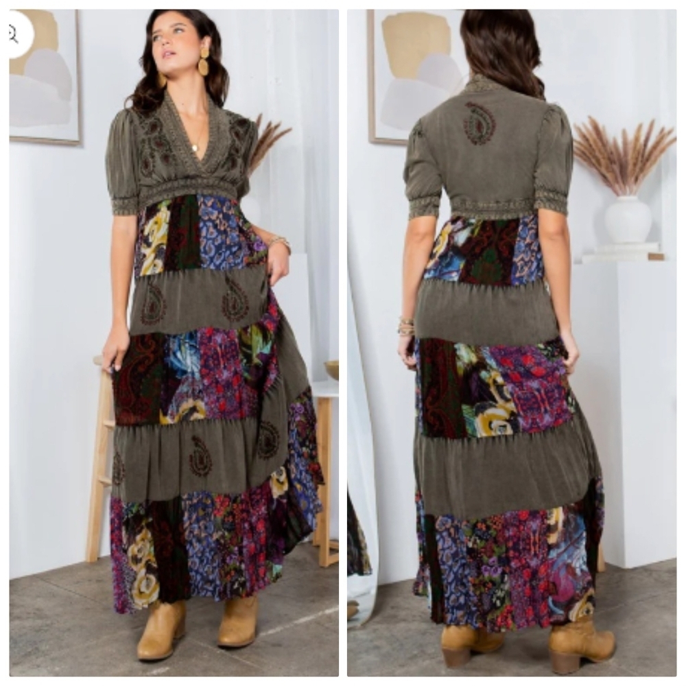 Young Threads Floral Embroidered Maxi Dress Womens Large Gravel Green Dress - Picture 14 of 14